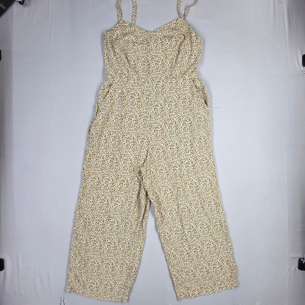 Old Navy Floral Ditsy Print Jumpsuit Wide Leg Smocked Back Mustard Brown Medium
